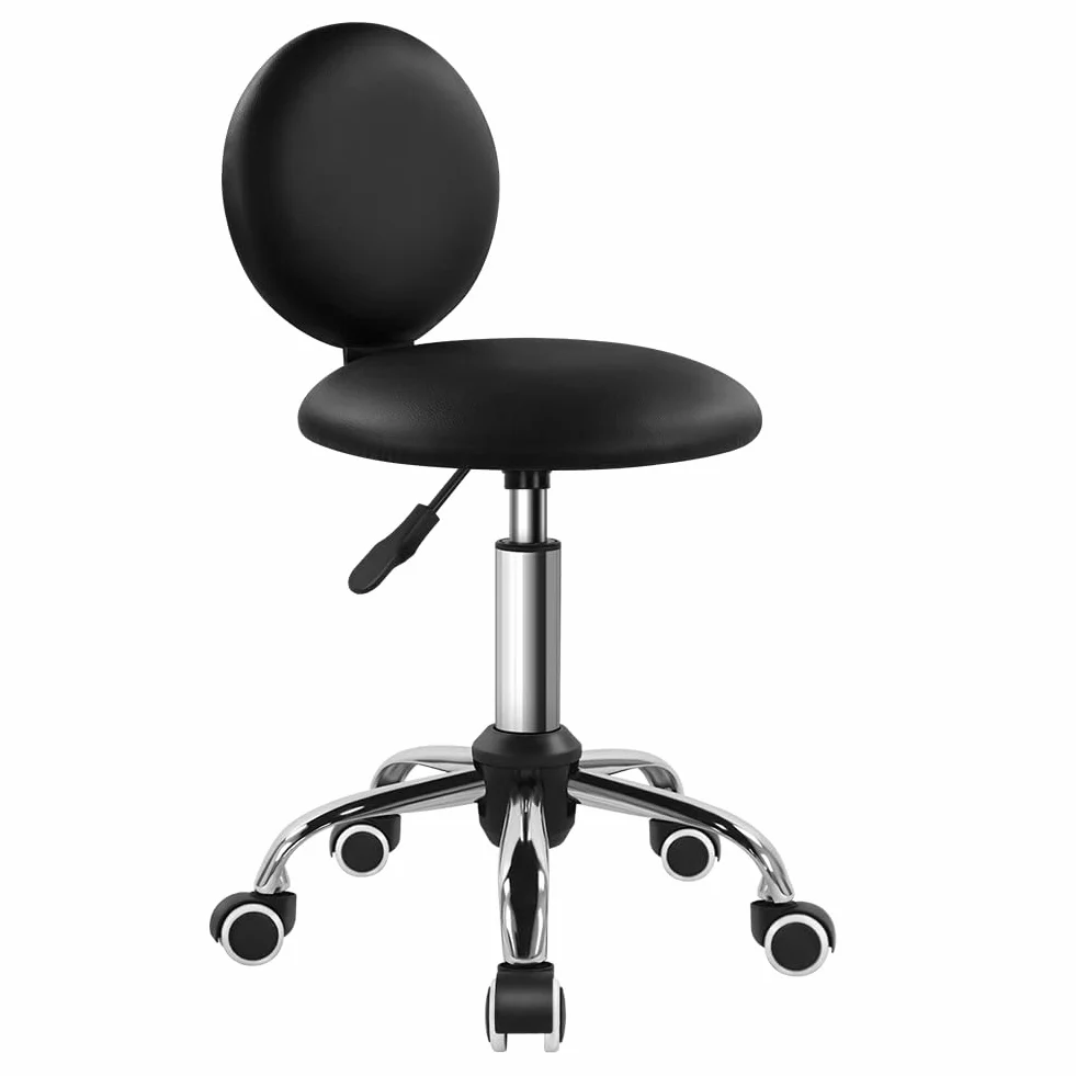 FURWOO Runder Rollhocker mit Rückenlehne Arbeitshocker aus PU-Leder auf Rädern Schönheitsstuhl mit Rädern Drehhocker für Barbershop (Schwarz)