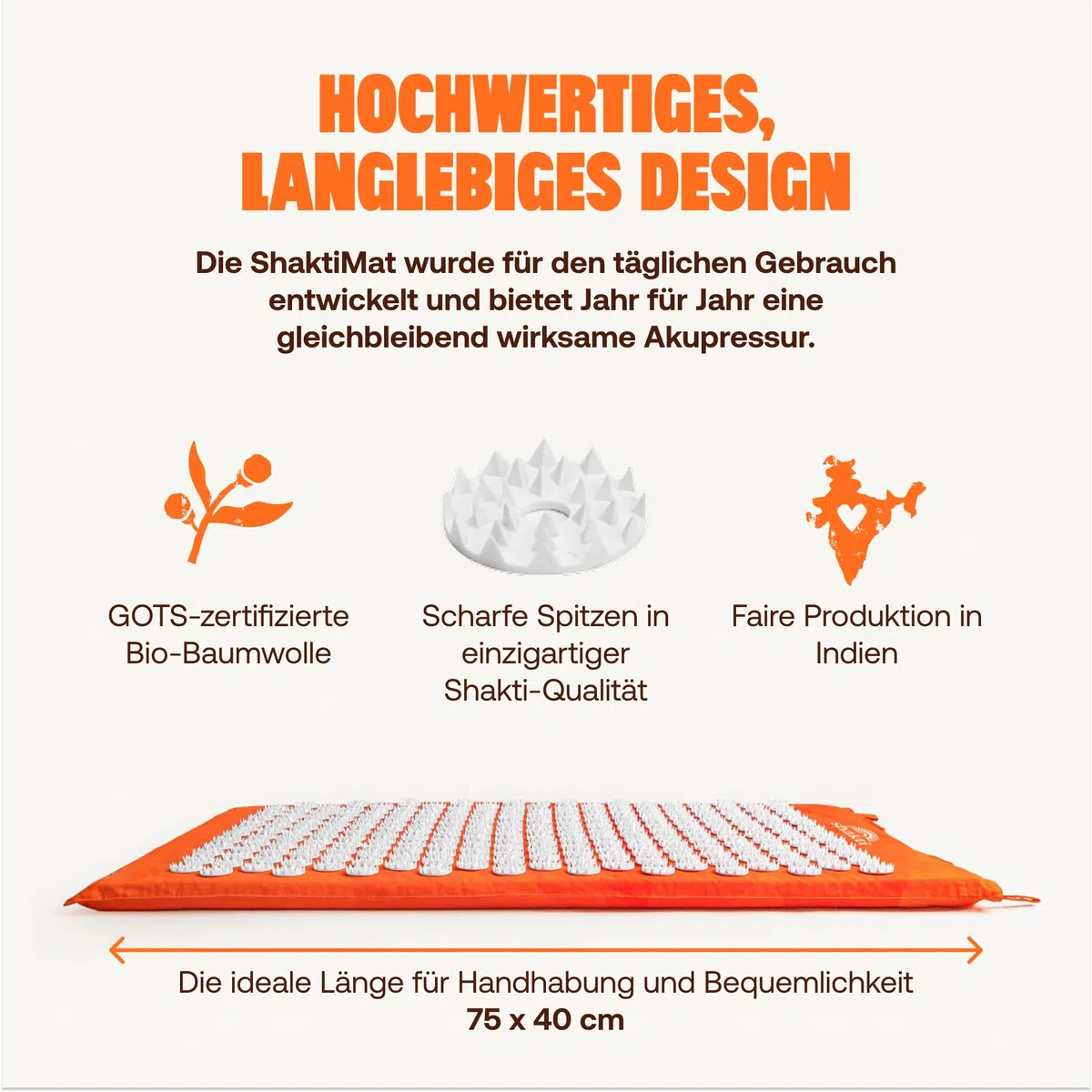 ShaktiMat [Das Original seit 2007] Akupressurmatte zur Entspannung für Rücken, Nacken, Füße, Ethische Handarbeit, GOTS-zertifizierte Bio-Baumwolle, Orange