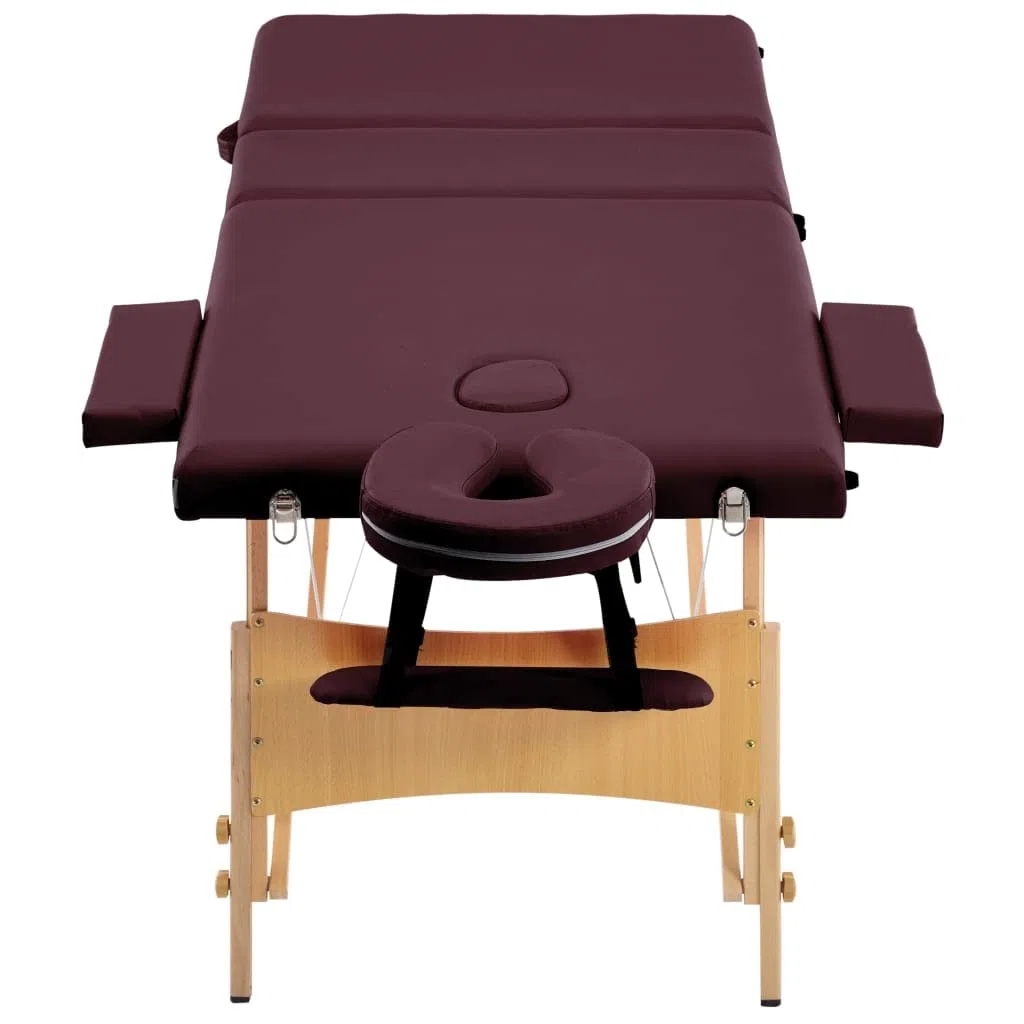 Massageliege klappbar 3-Zonen höhenverstellbar mit Tragetasche, tragbare Kosmetikliege mit Holzgestell 191x70cm, Bordeaux-Lila