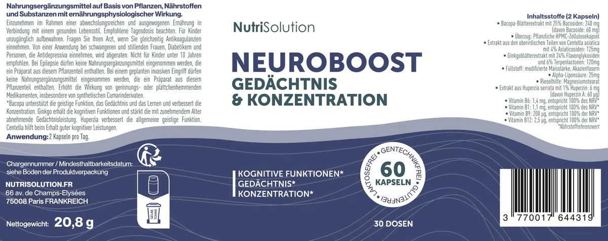NeuroBoost: Nahrungsergänzungsmittel mit Ginkgo biloba, Vitamin B12 & Kräuterextrakten – Gedächtnis, Konzentration & kognitive Gesundheit – 60 vegane Kapseln (60)