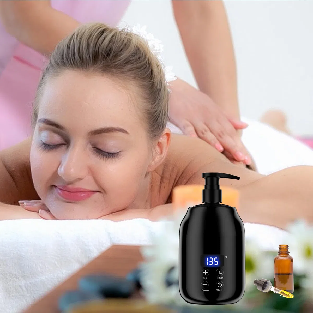 Massageöl Wärmer für Spa Massageöl 2 Flaschen Spender und Lotion Wärmer LED Anzeige Gel Flaschenwärmer Massageöl Heizung für Salon Massageöl Flaschenwärmer (schwarz)