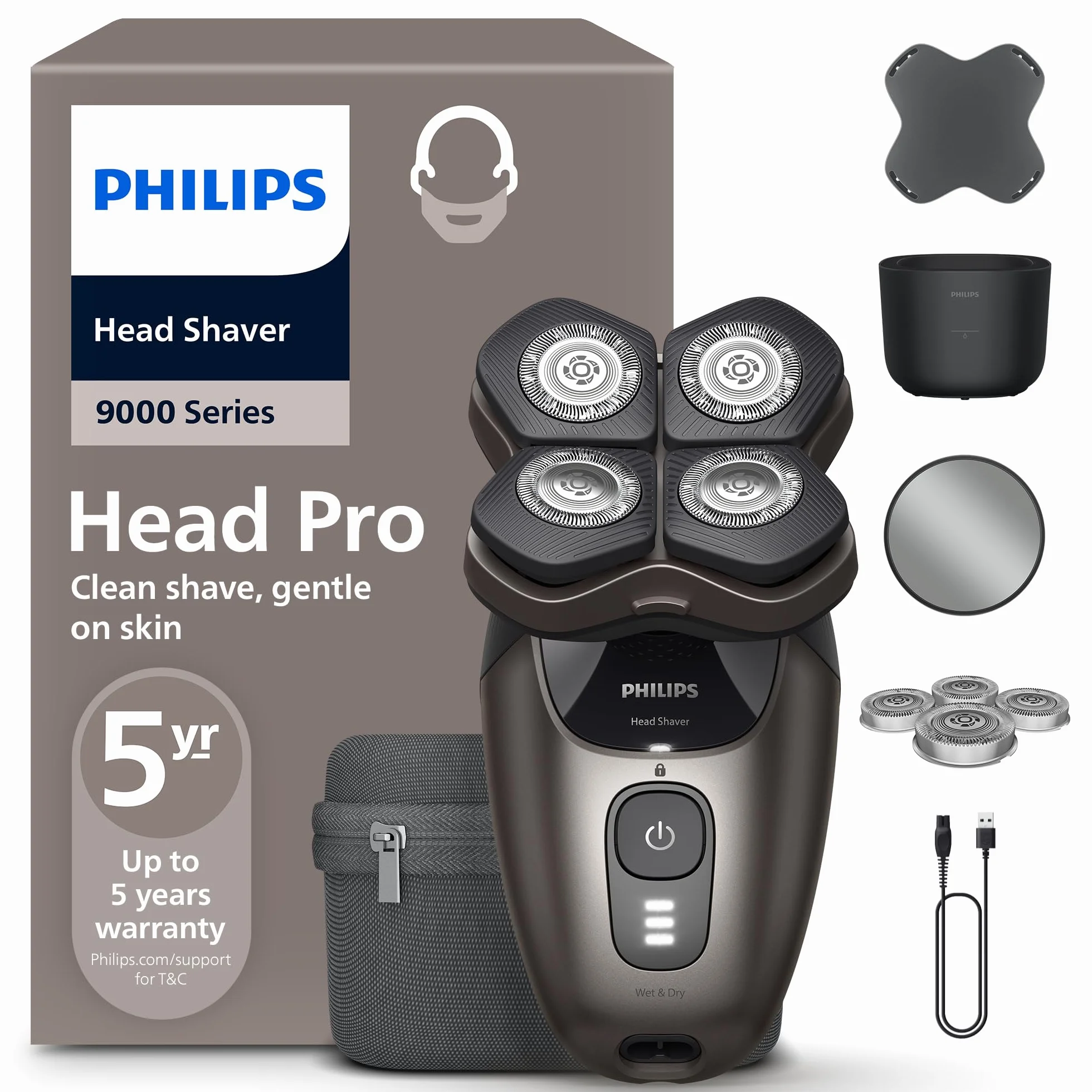 PHILIPS Head Shaver Pro Series 9000 – Glatzenrasierer für Herren und Frauen, elektrischer Rasierer mit flexiblem 360grad-Scherkopf und ComfortCut-Klingen, sanft zur Haut, Modell HS9980/15