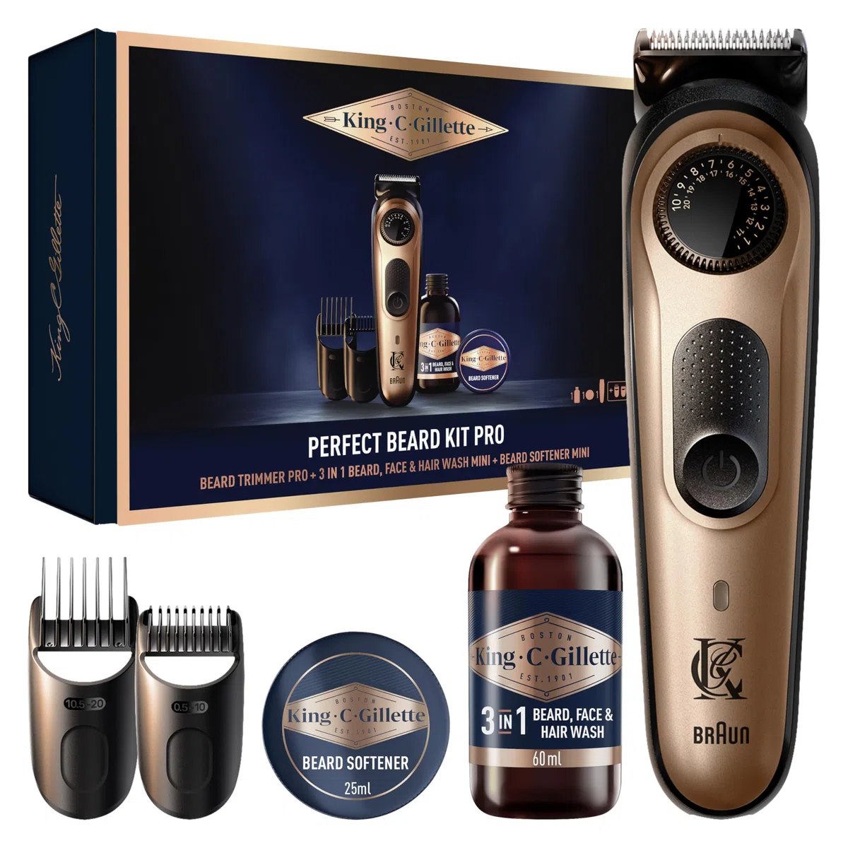 King C. Gillette Barttrimmer Pro, Geschenkset, Kupfer - Bartschneider Herren, Trimmer mit Präzisionsrad für 40 Längen, Kabelloser Bart Rasierer, Inkl. Bartshampoo 60ml + Bartbalsam 25ml