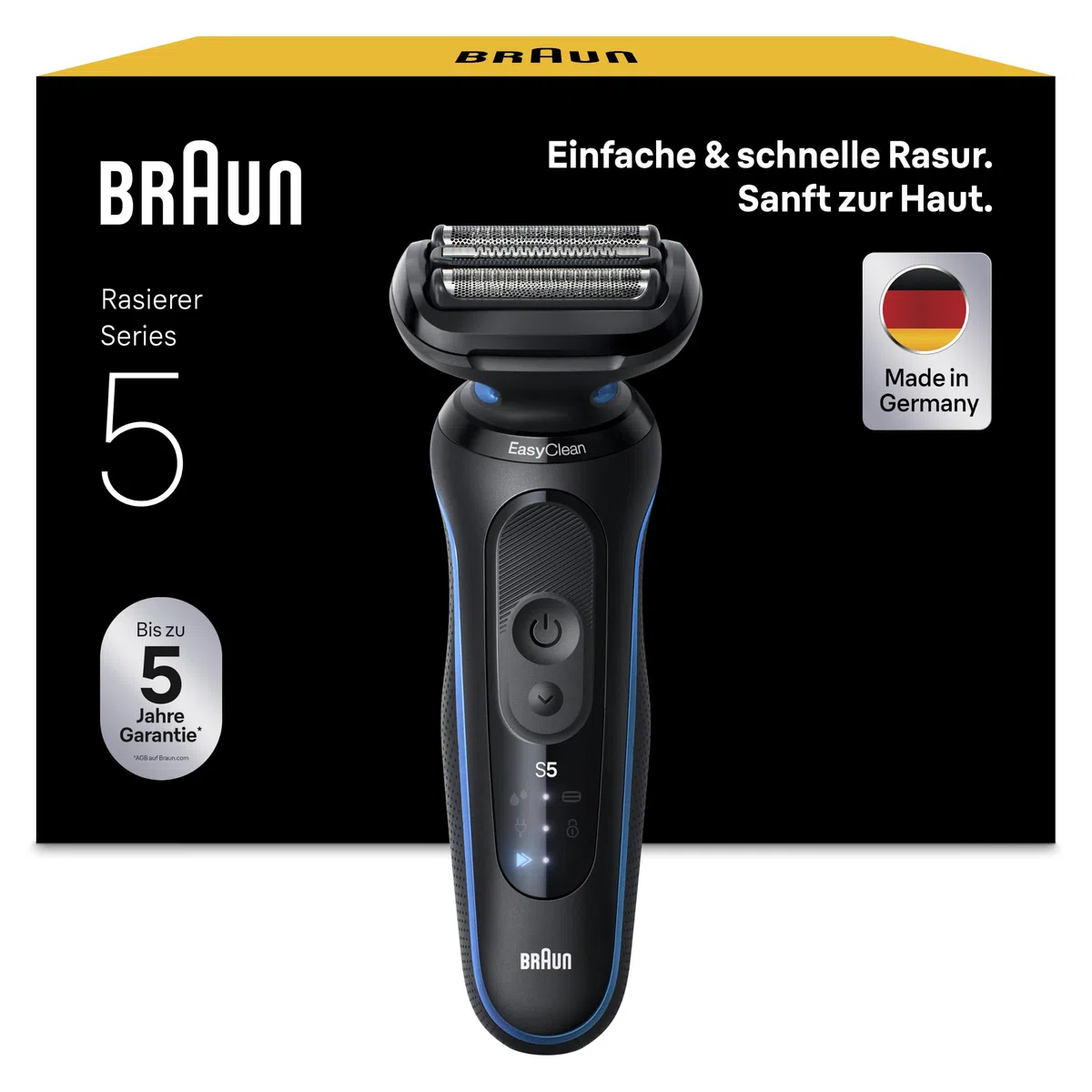 Braun Rasierer Herren Elektrisch Series 5, 51-B1000s, Blau - Kabelloser Elektrorasierer, Barttrimmer mit 50 Min. Akku, Wasserdicht, Made in Germany, Inkl. 1 Aufsatz