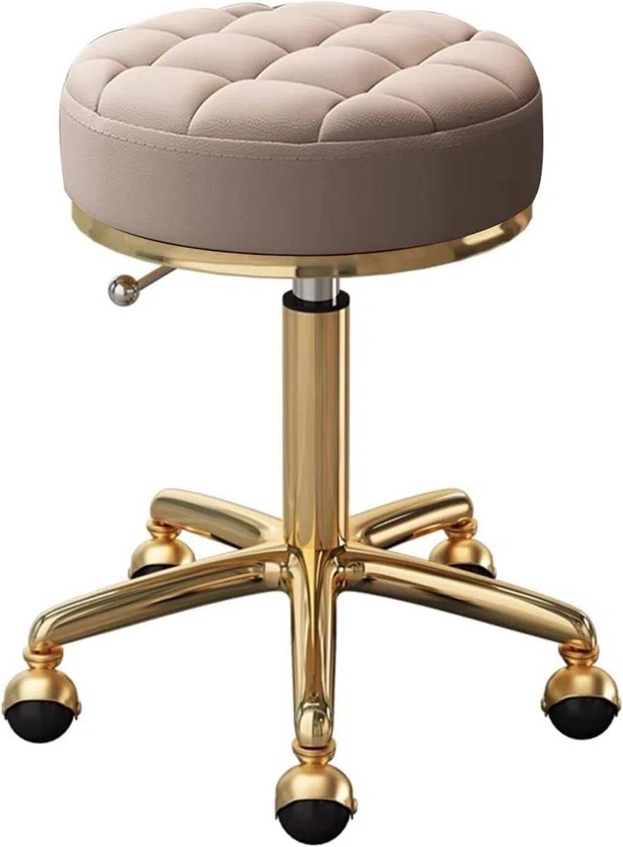 Hocker Für Das Homeoffice, Rund, Rollbar, Kosmetikhocker Auf Rollen, Verstellbarer, Drehbarer Massagestuhl Für Zeichen- Und Spa-Salon Mit Sitz Aus PU-Leder Und Goldenem Edelstahlrahmen,Brown