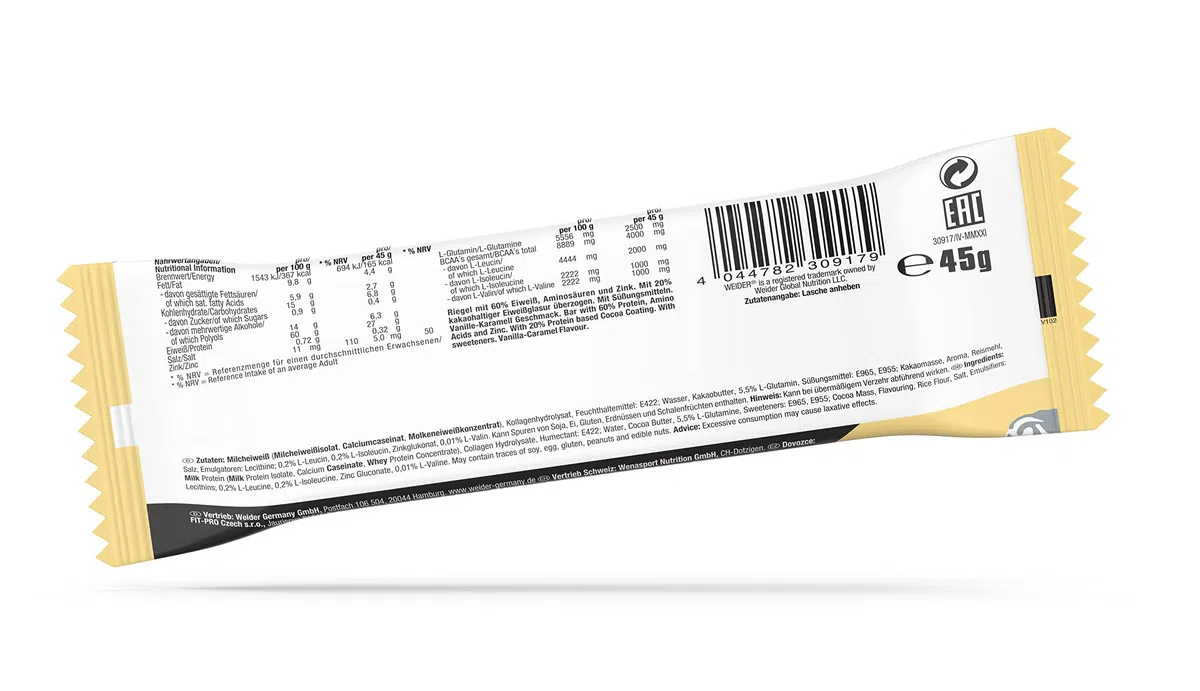 Weider 60% Proteinriegel - Hochproteinhaltiger Riegel mit 27g Protein, wenig Zucker, BCAAs & Zink - Ideal für Muskelwachstum - 24er Pack - Vanilla-Caramel