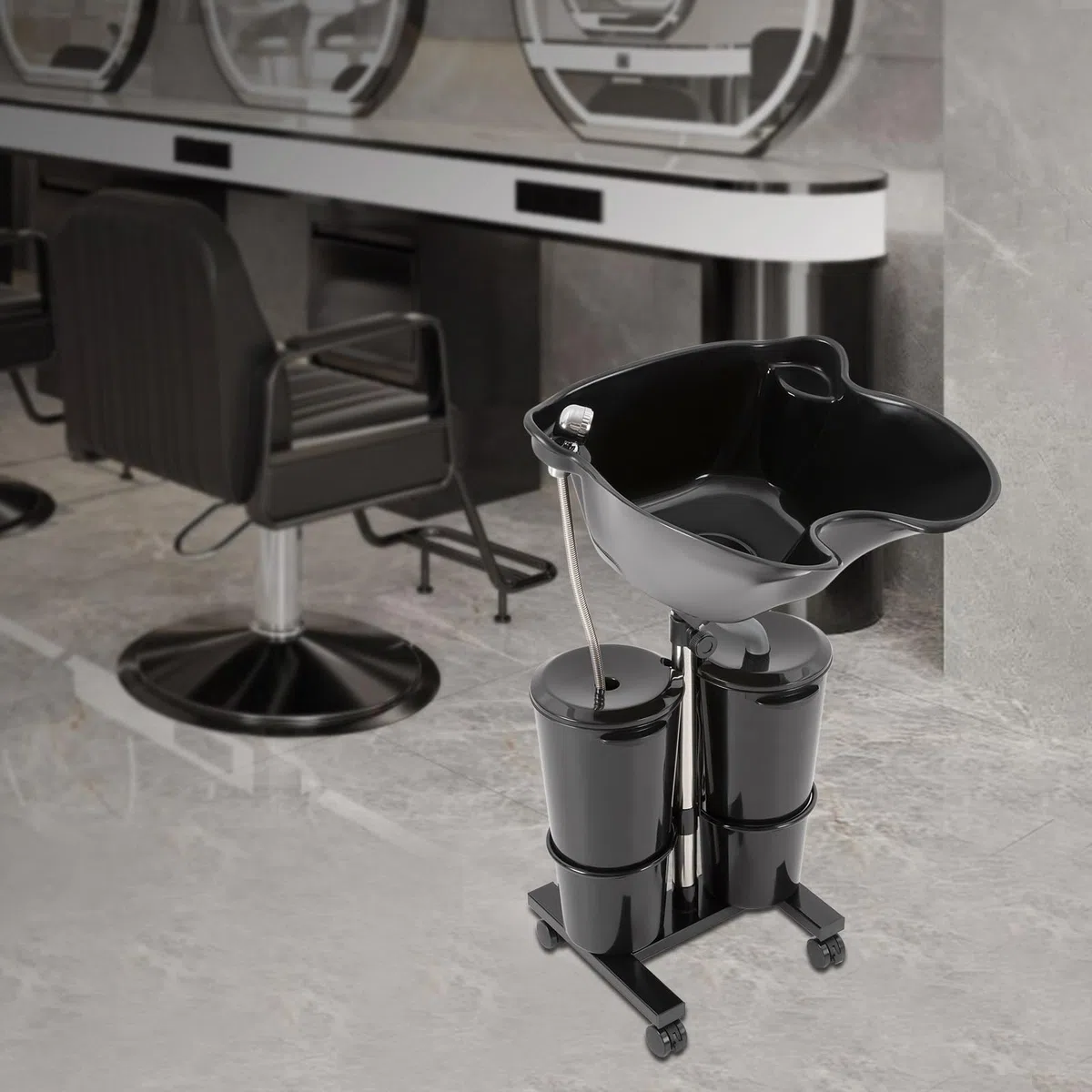 MINRS Haarwaschbecken für Bettlägerige Tragbares Shampoo Becken Double Bucket Design mit Räder und Abflussrohr Einstellbar Höhe und Winkel für Bettlägerige, Behinderte, Ältere, Salon (Schwarz)