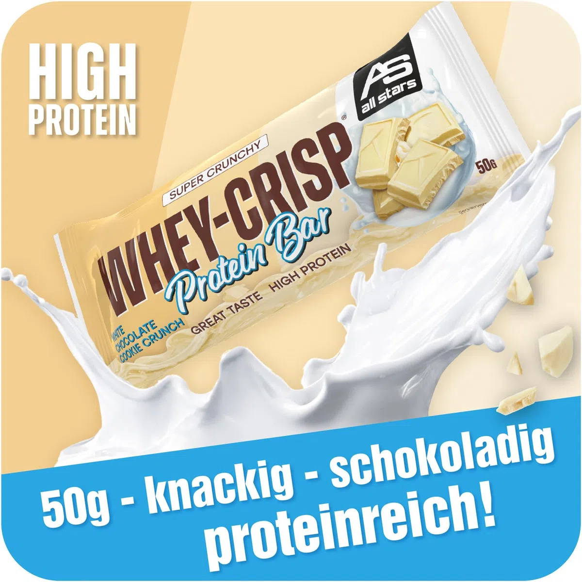 ALL STARS Whey-Crisp Protein Bars - White Chocolate Cookie Crunch - Protein Riegel überzogen mit Schokolade und verfeinert mit Whey-Crispies – mit 15g Eiweiß pro Riegel - 25x50g