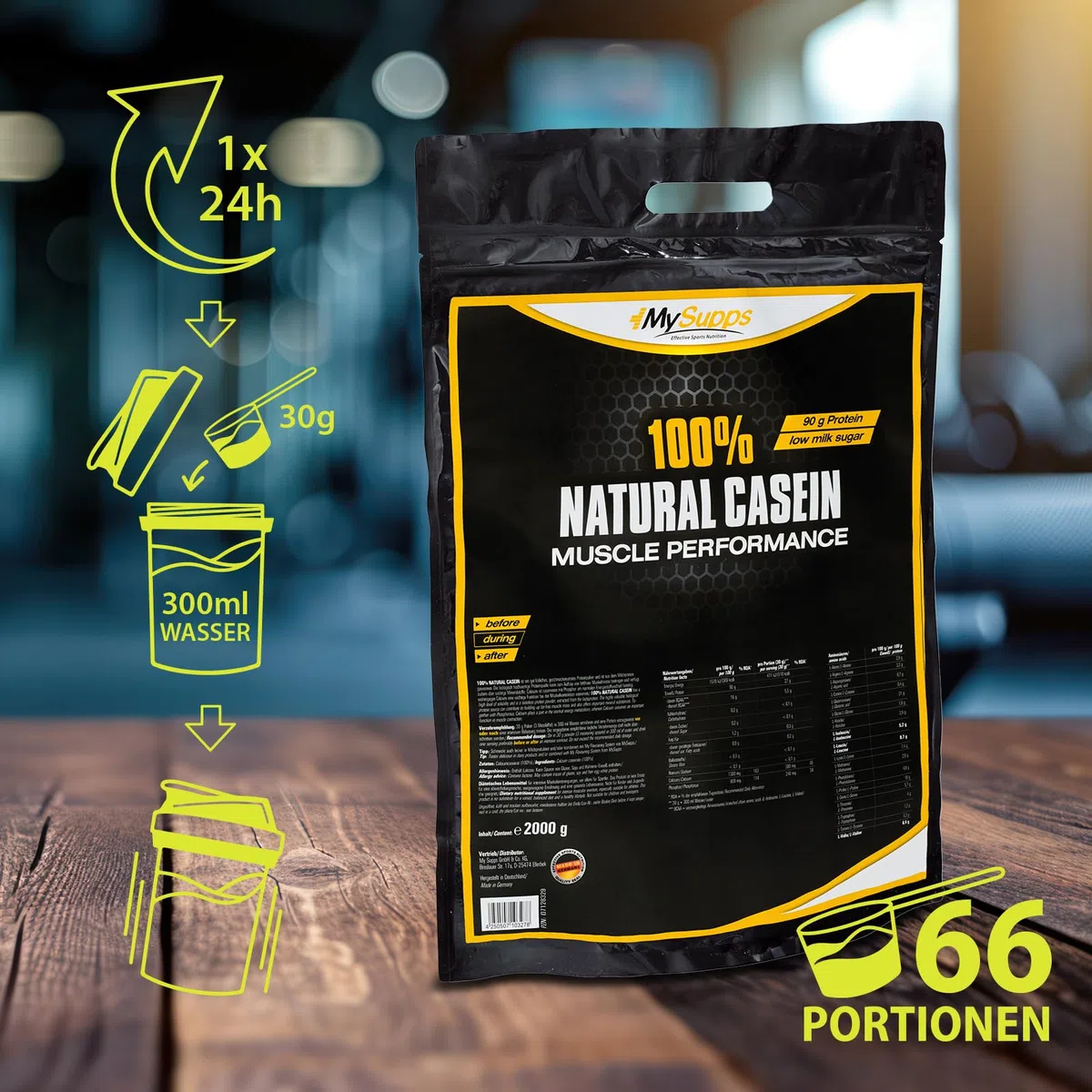 My Supps 100% Natural Casein 2000 g - Eiweiß-Pulver - Casein-Proteinpulver neutral - zuckerfrei - ohne Zusatzstoffe - Calciumcaseinat 89,5% Protein - langsam verdaulich Nachtprotein - Made in Germany