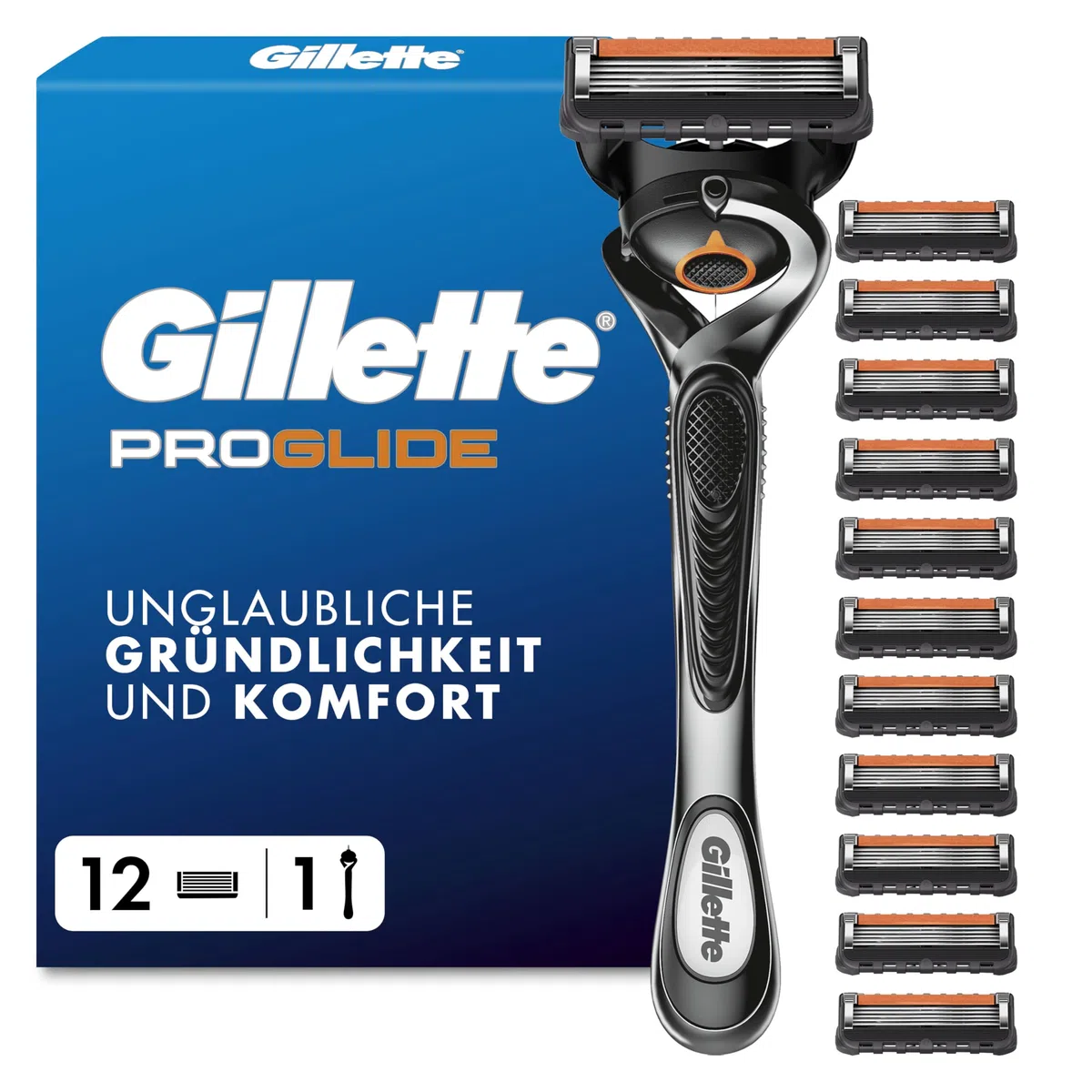 Gillette Proglide Rasierer Herren, Nassrasierer, Metall, Grau/Schwarz - Herrenrasierer, Inkl. 1 Handstück, 12 Rasierklingen mit Gleitstreifen Und 5 Klingen für Eine Gründliche, Langanhaltende Rasur