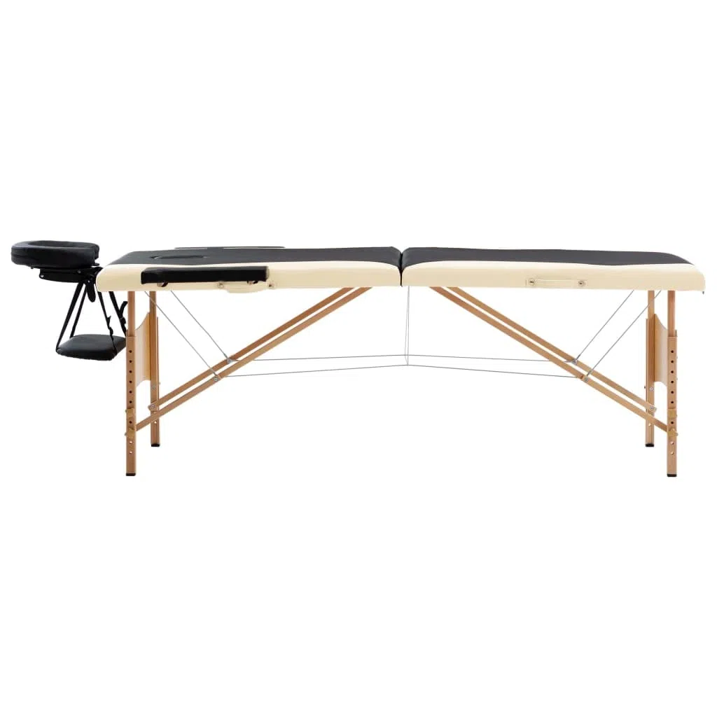 Massageliege Klappbar 2-Zonen, Mobiler Massagetisch mit Holzgestell, Höhenverstellbar, Tragbare Kosmetikliege mit Tragetasche, Schwarz Beige
