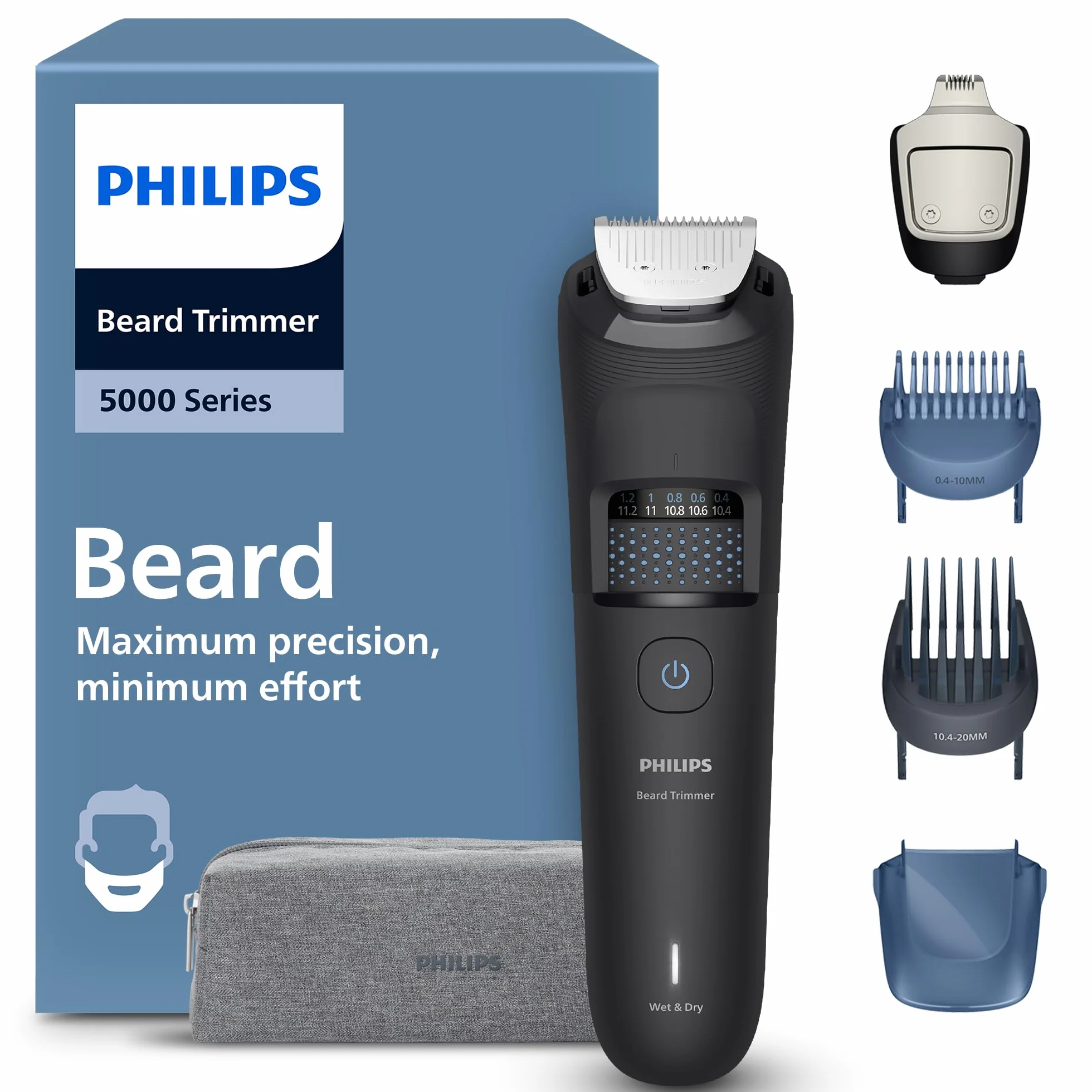 Philips Bartschneider 5000er-Serie – selbstschärfende Metallklingen, 40 Längeneinstellungen, BeardSense-Technologie, Haarkollektor, 100% wasserdicht, Reiseetui, Modell BT5765/15