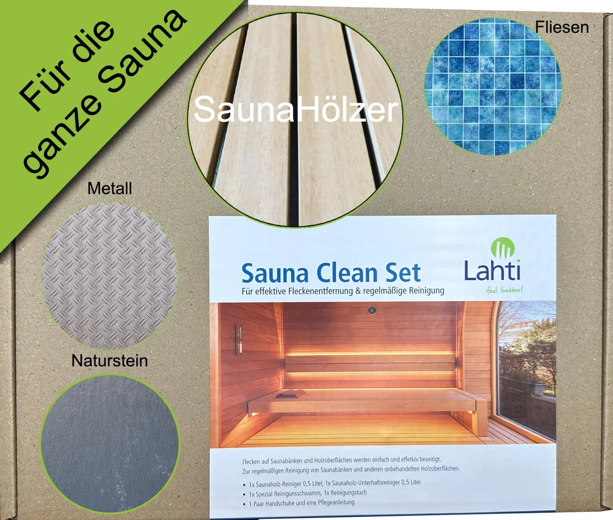 Lahti Sauna Clean Set – Premium Komplettlösung für Sauna-Reinigung | Effektiv für Saunaholz & Fliesen | Nachhaltig & Biologisch Abbaubar | Inkl. Zubehör