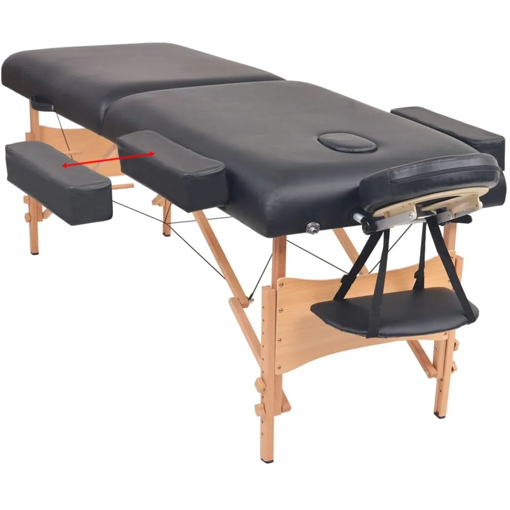 Massageliege 2-Zonen klappbar, 10 cm Polsterung, höhenverstellbare Mobile Massagebank mit Tragetasche, Kosmetikliege aus Massivholz, Schwarz
