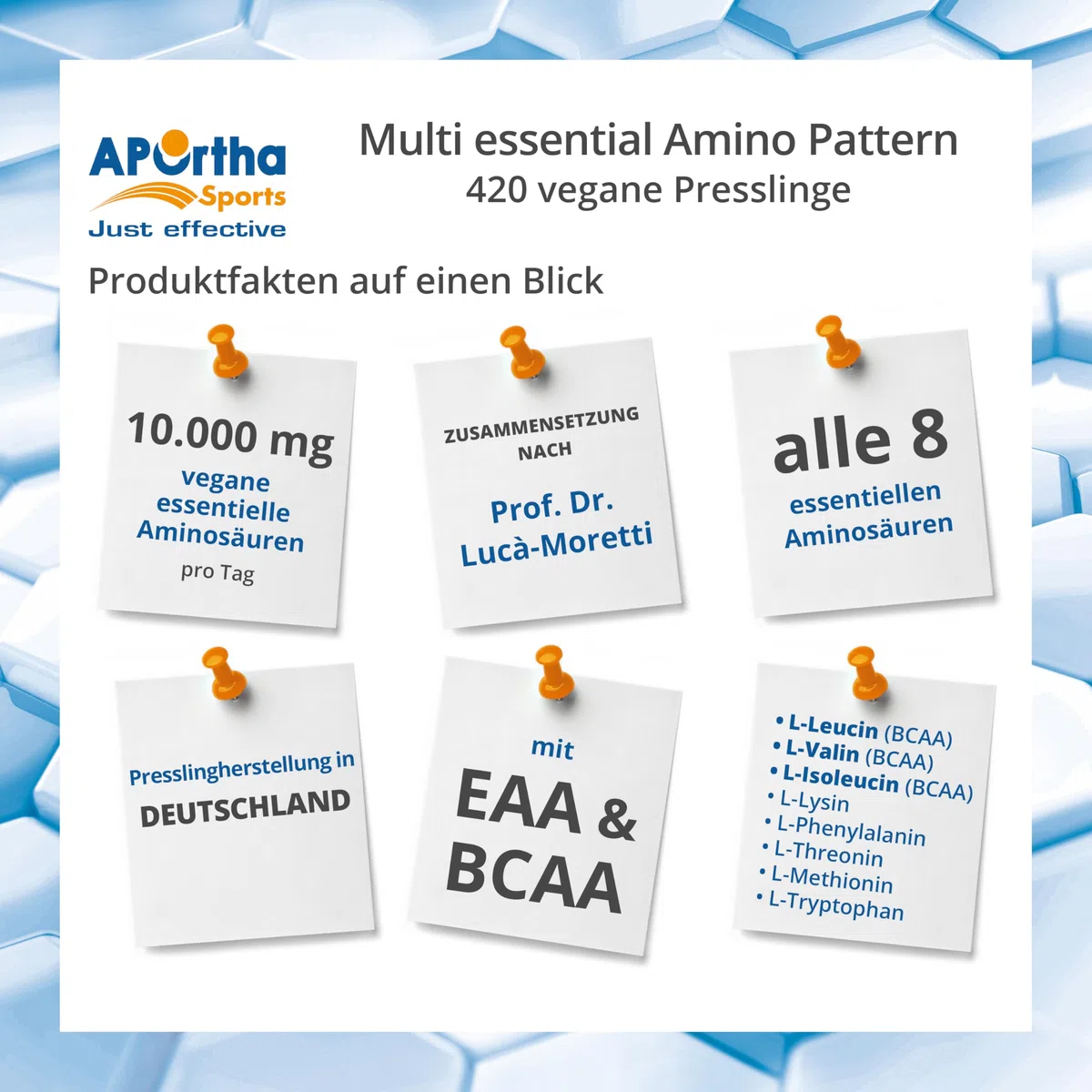 APOrtha® Sports Multi Essential Amino Pattern – 420 Presslinge mit 8 essentiellen Aminosäuren nach Prof. Dr. Lucà-Moretti, ausgewogenes Aminosäuren-Profil, EAA Tabletten