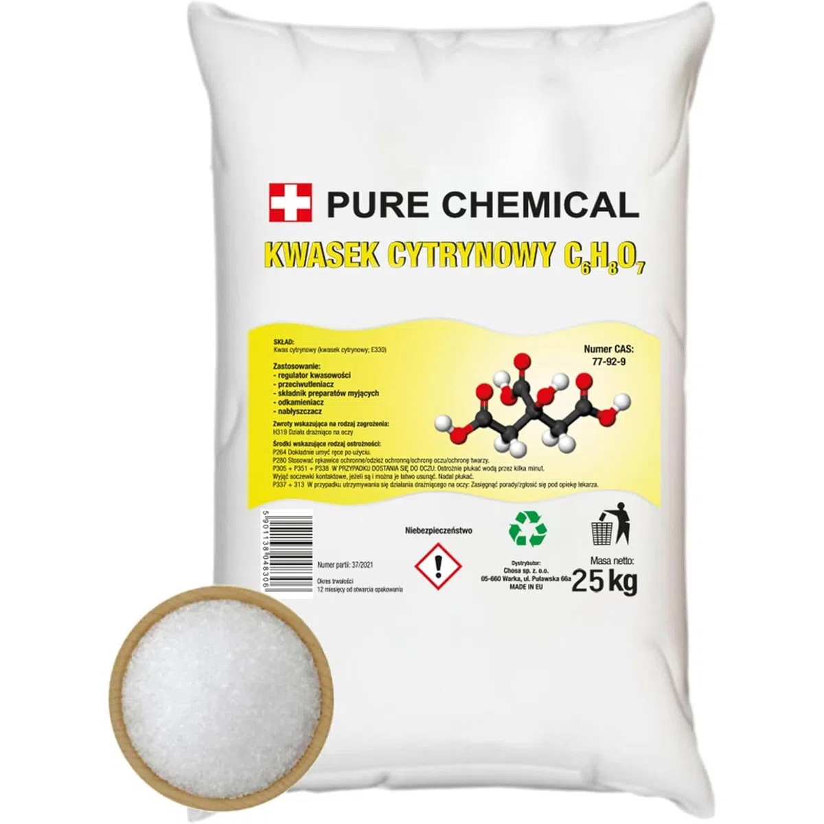 CHOSA Zitronensäure Pulver 25kg - 100% Reines -vielseitiger Entkalker & Haushaltsreiniger -ideal zum Putzen, Entkalken & Kochen