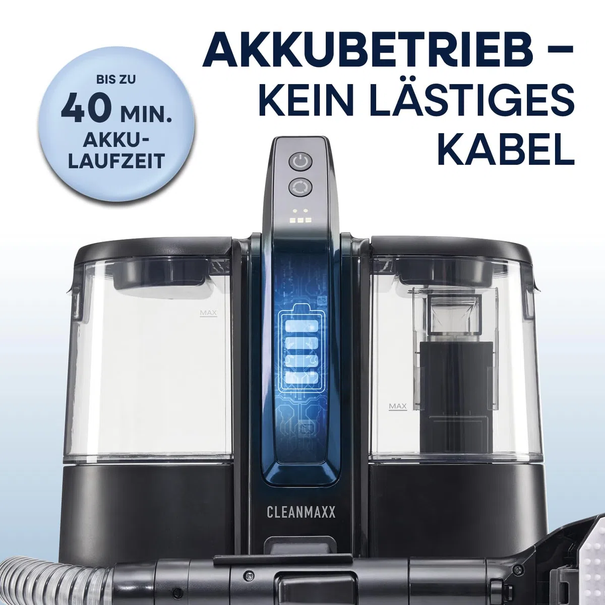 CLEANmaxx Akku Polster- & Teppichreiniger Pro | kompakter Waschsauger zur effektiven Nassreinigung | Nass Trockensauger & Polsterreiniger Gerät in einem | Nasssauger für Camping, Reise, Auto & Garten