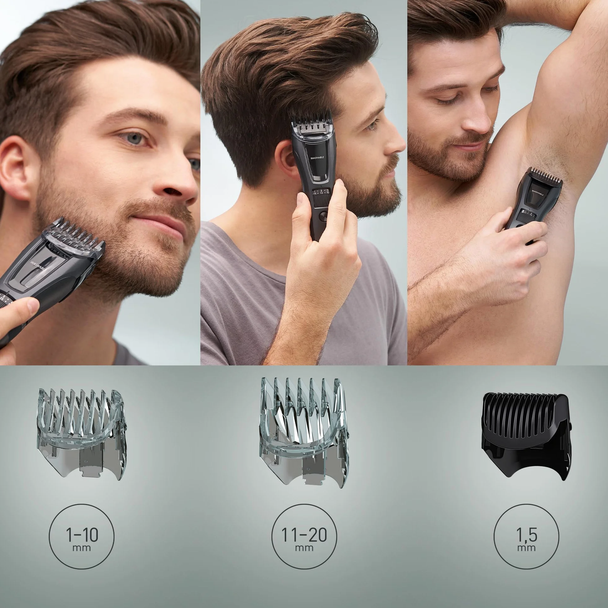 Panasonic ER-GB62-H503 Bart-, Haar- & Körperschneider für Männer, tragbarer, kabelloser, wasserdichter Trimmer, 39 Längeneinstellungen, 3 Aufsätze, kabelloser & kabelgebundener Betrieb, Mattgrau