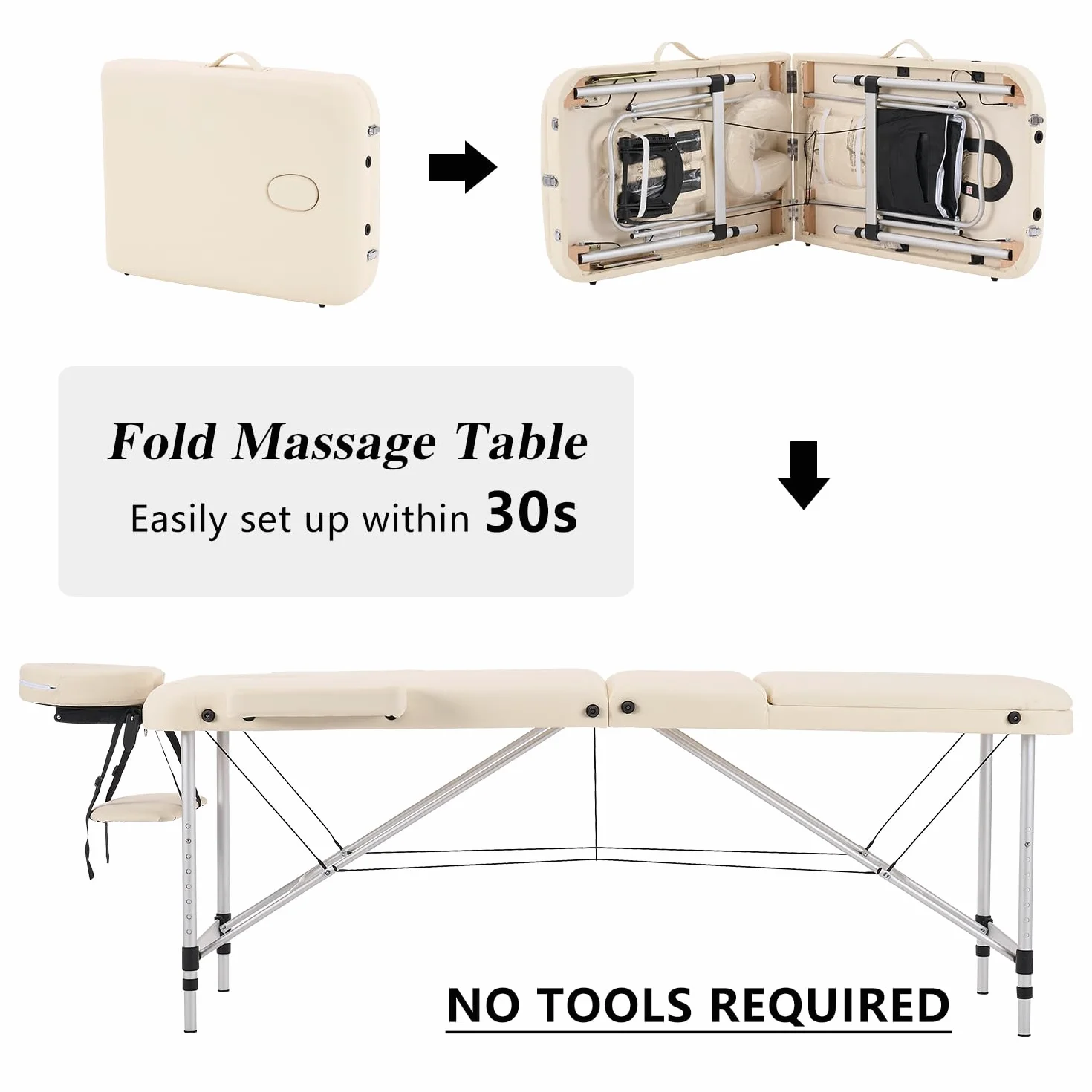 YOUNIKE Massageliege Mobile Klappbar 3 Zonen Höhenverstellbare Massagebank Aluminium mit Kopfstütze & Armlehnen und Tragtasche Massagetisch für Kosmetik Spa Salon Tattoo (Creme)