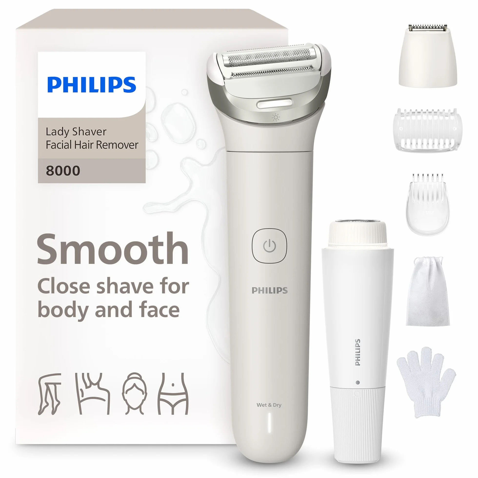 Philips Lady Shaver Series 8000 - kabelloser elektrischer Rasierer, nass und trocken, 3 Klingen, flexibler Scherkopf, LED-Licht, Gesicht/Beine/Körper/Bikinizone, 100 Min. Laufzeit, Modell BRL159/00