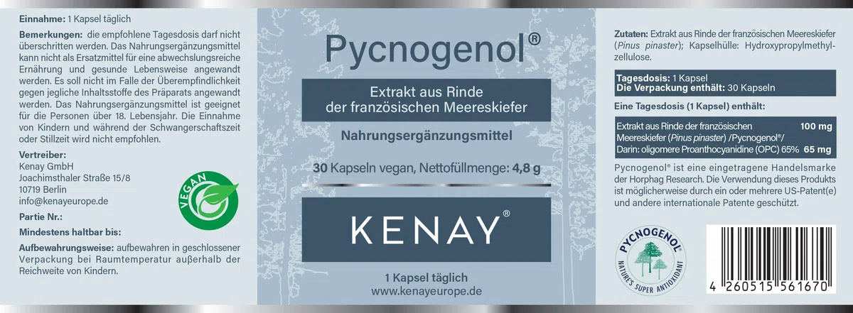 Pycnogenol-Extrakt aus Rinde der französischen Meereskiefer -pinus pinaster-100mg pro Tagesdosis-pflanzliche Kapsel-vegan-Ohne Magnesiumstearat-30 Kapseln vegan KENAY EUROPE