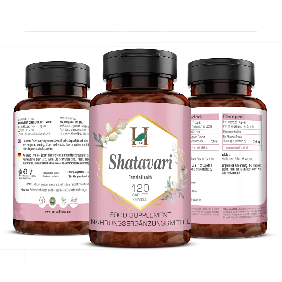 H&C Shatavari Kapseln/Tabletten (Asparagus Racemosus) – 750 mg, 120 Kapseln | Nahrungsergänzungsmittel für Frauen