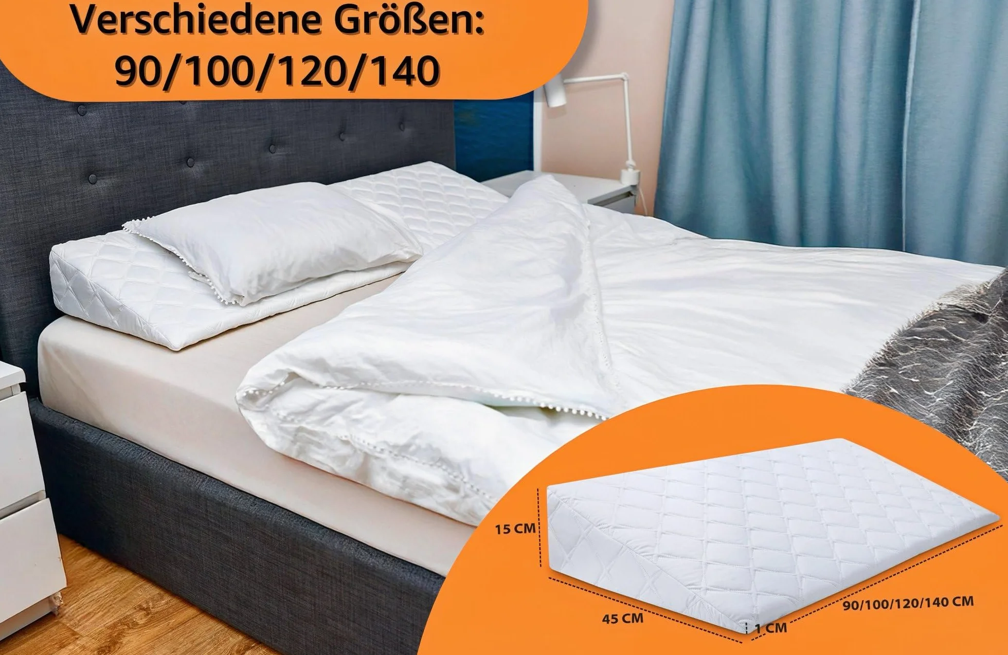Keilkissen für Bett und Sofa 45x140 cm - Reflux Kissen & Matratzenkeil für Erwachsene – Bettkeil Lesekissen Rückenkissen Kopfteil Betterhöher – Venenkissen Beinkissen Bezug waschbar Oeko-Tex