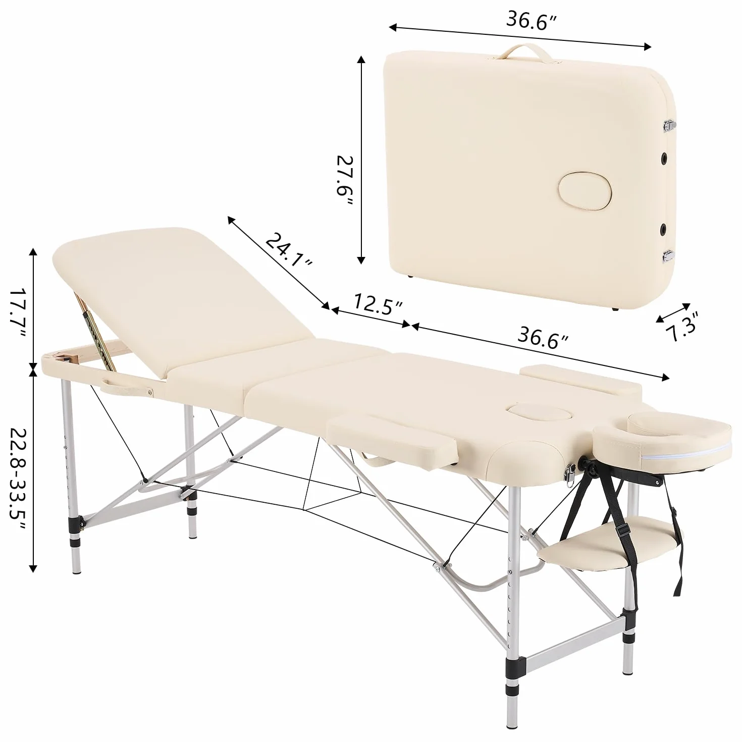 YOUNIKE Massageliege Mobile Klappbar 3 Zonen Höhenverstellbare Massagebank Aluminium mit Kopfstütze & Armlehnen und Tragtasche Massagetisch für Kosmetik Spa Salon Tattoo (Creme)