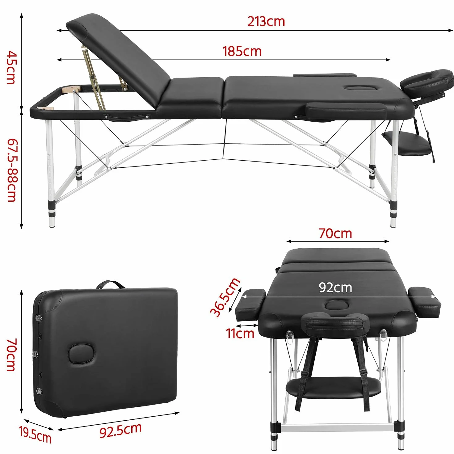 Yaheetech Mobile Massageliege 3 Zonen Massagebett Massagetisch 70cm Breit Höhenverstellbar Therapieliege Aluminium-Füßen mit Kopfstütze und Tragetasche bis 250kg belastbar