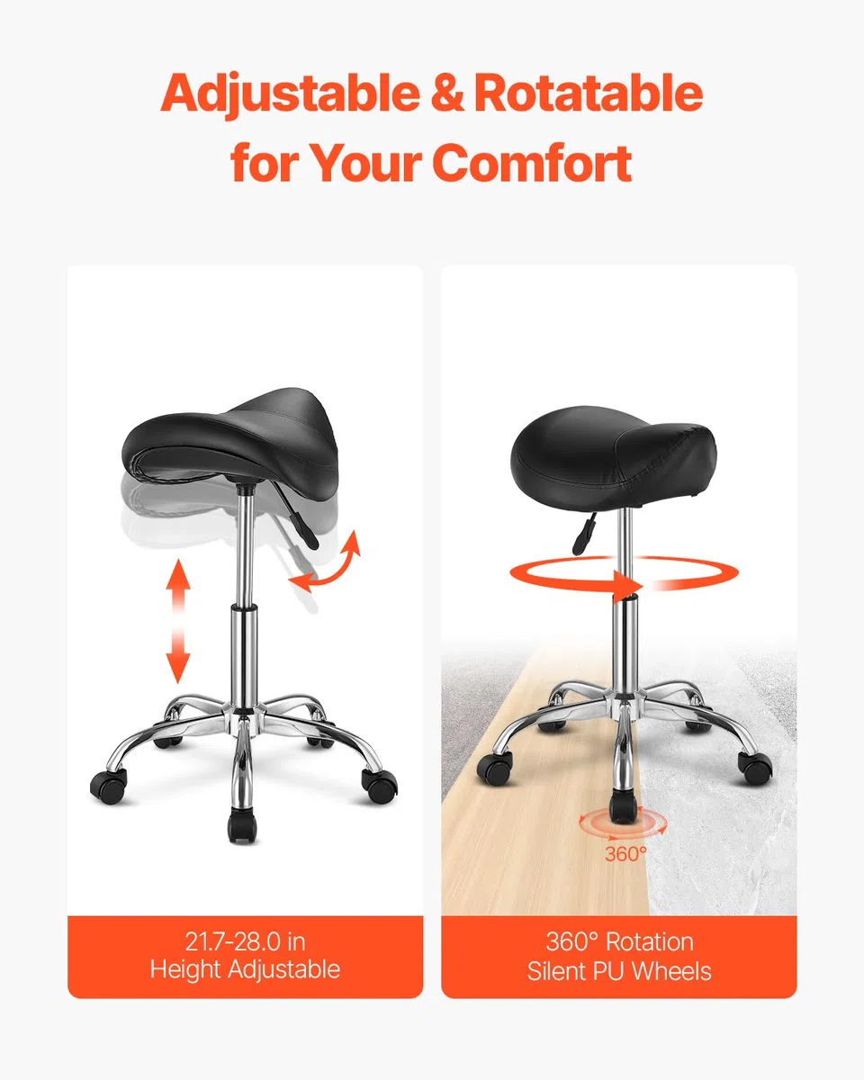 VEVOR Sattelhocker Rollhocker 204 kg belastbarer höhenverstellbarer (55-71 cm) Drehhocker Arbeitshocker, ergonomischer verdickter PU-Leder-Drehsattelstuhl für Salon Spa Massage Klinik, Schwarz