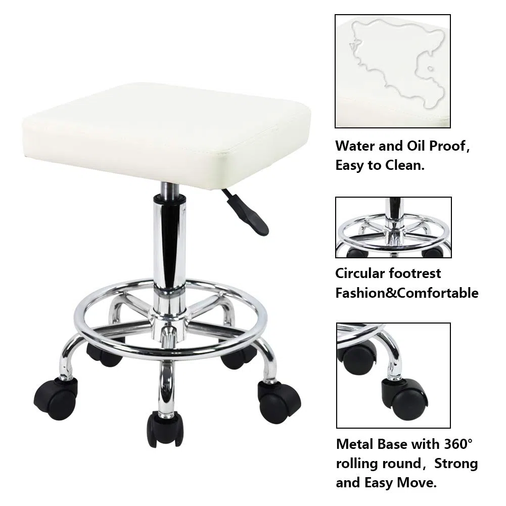 KKTONER Quadratischer Rollhocker Bürohocker höhenverstellbar 47-61cm aus PU-Leder Weiß