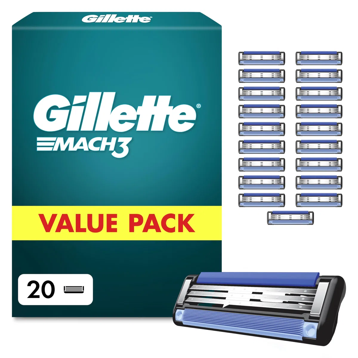 Gillette Mach 3 Klingen Herren, 20 Original Rasierklingen, Blau - Ersatzklingen Männer für Nassrasierer mit Gleitstreifen für Ein Sanftes Gleiten Und Klingenbeschichtung