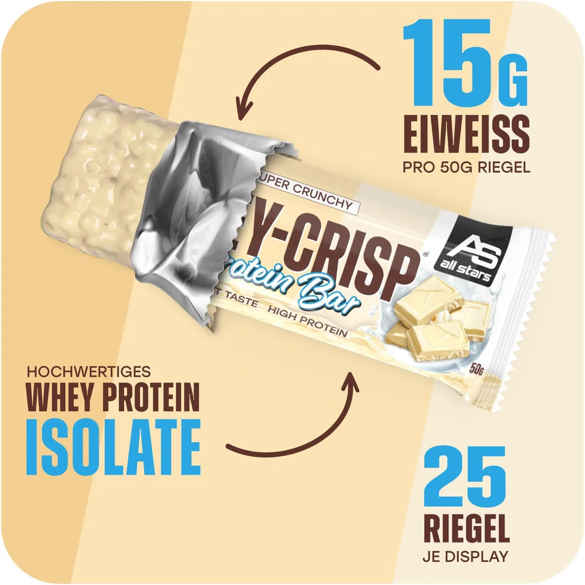ALL STARS Whey-Crisp Protein Bars - White Chocolate Cookie Crunch - Protein Riegel überzogen mit Schokolade und verfeinert mit Whey-Crispies – mit 15g Eiweiß pro Riegel - 25x50g