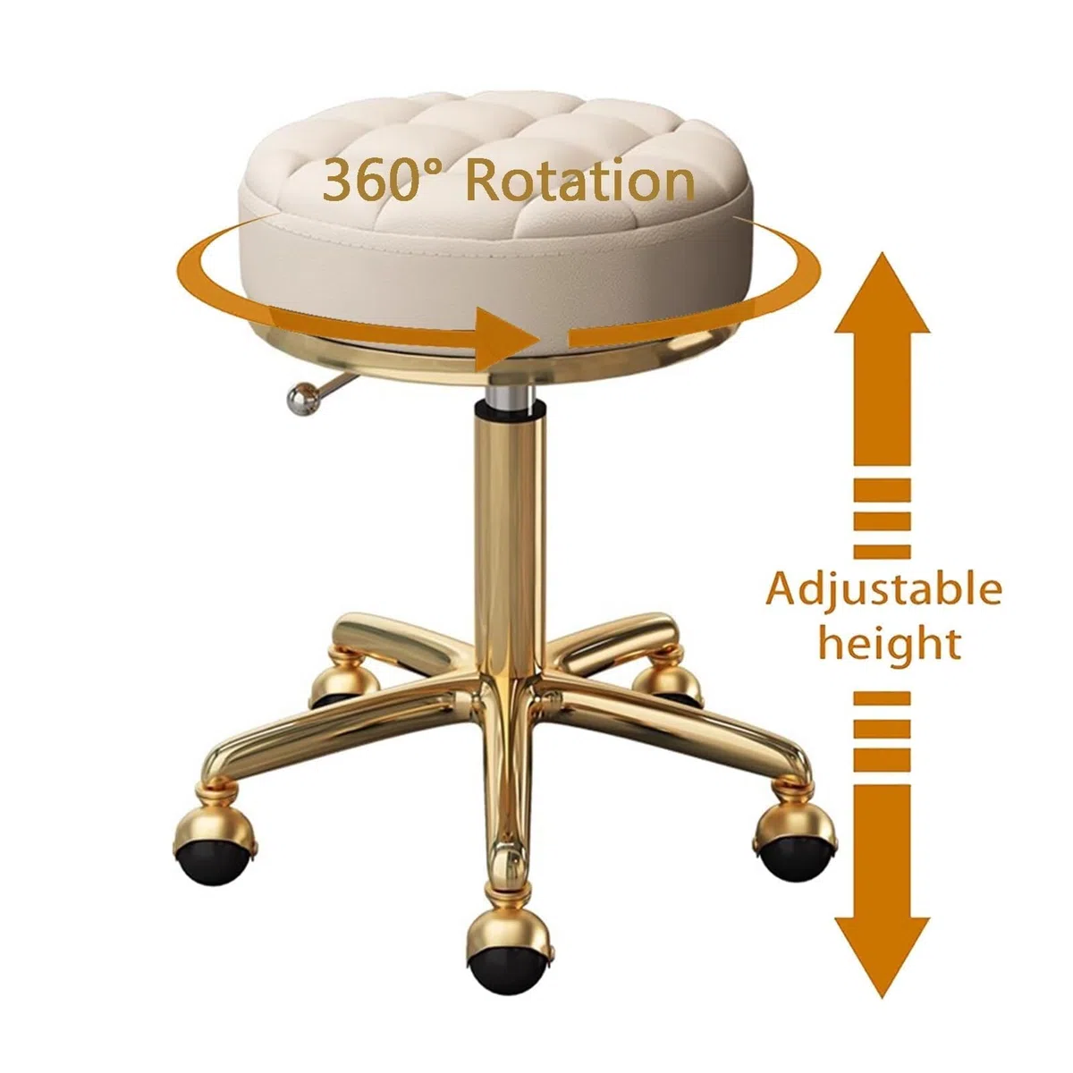 Hocker Für Das Homeoffice, Rund, Rollbar, Kosmetikhocker Auf Rollen, Verstellbarer, Drehbarer Massagestuhl Für Zeichen- Und Spa-Salon Mit Sitz Aus PU-Leder Und Goldenem Edelstahlrahmen,Brown