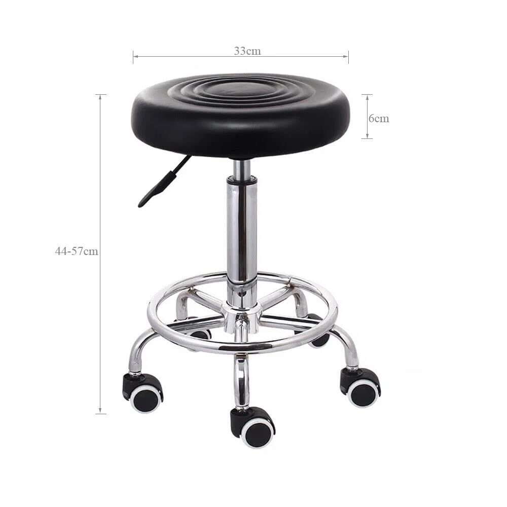 PU-Drehstuhl für den Salon, 360° Rollstuhl, Sitz, Home Office Bar, Massagehocker, Leder, Hauptstuhl, Sitz, 44–57 cm, höhenverstellbar, Schwarz