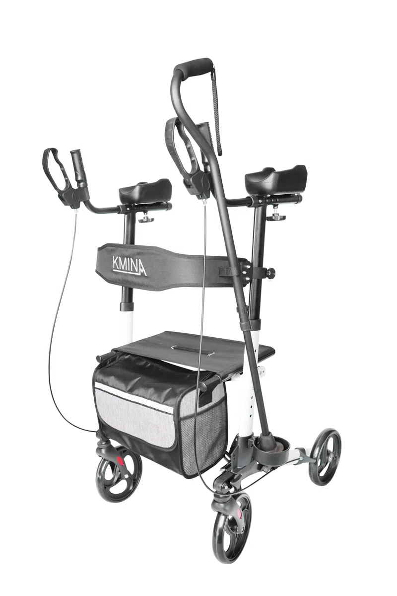 KMINA Arthritis Rollator mit Unterarmstützen, Outdoor Rollator Faltbar mit Sitz und Rückenlehne, Höhenverstellbare Gehhilfe für Senioren, Belastbar bis 136 kg, Korb