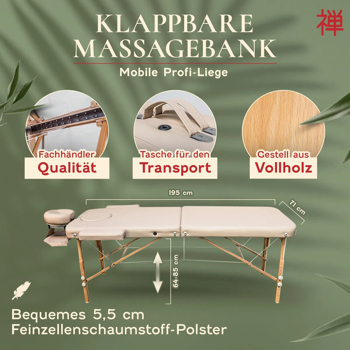 ZEN BASIC III Massageliege klappbar & mobile Massagetisch aus Holz, stabile Massagebett - Massagebank höhenverstelbar, Tattoo & Kosmetikliege, Behandlungsliege mit Kopfteil, Armstütze & Tasche (Creme)