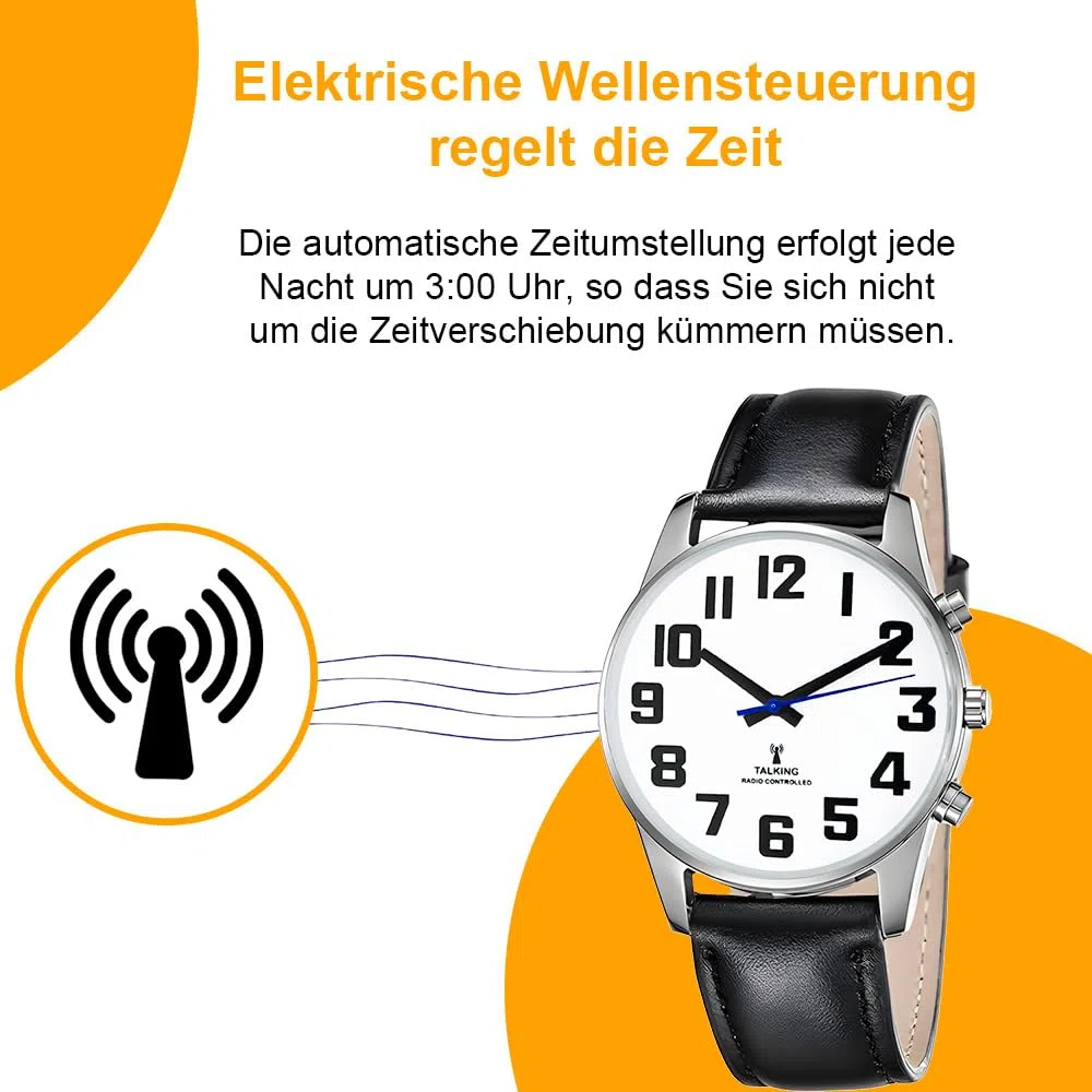 Sprechende Uhr Sehbehinderte Funkuhr I Deutsch Sprechende Herren Armbanduhr I Blindenuhr I Datum und Zeitansage I Für Blinde, Senioren und Demenzkranke