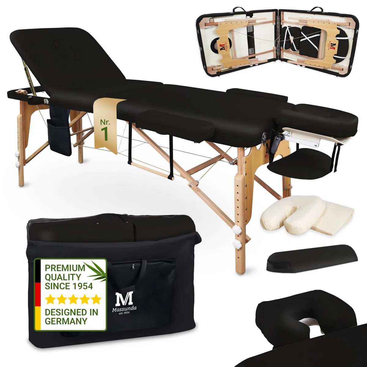 MASSUNDA – Mobile 3 Zonen Massageliege klappbar & höhenverstellbar – Stabiler Massagetisch aus Vollholz – All-Inkl. Massagebank mit ergonomischer Kopfstütze, Bezug, Armlehne, Kissen (Schwarz)