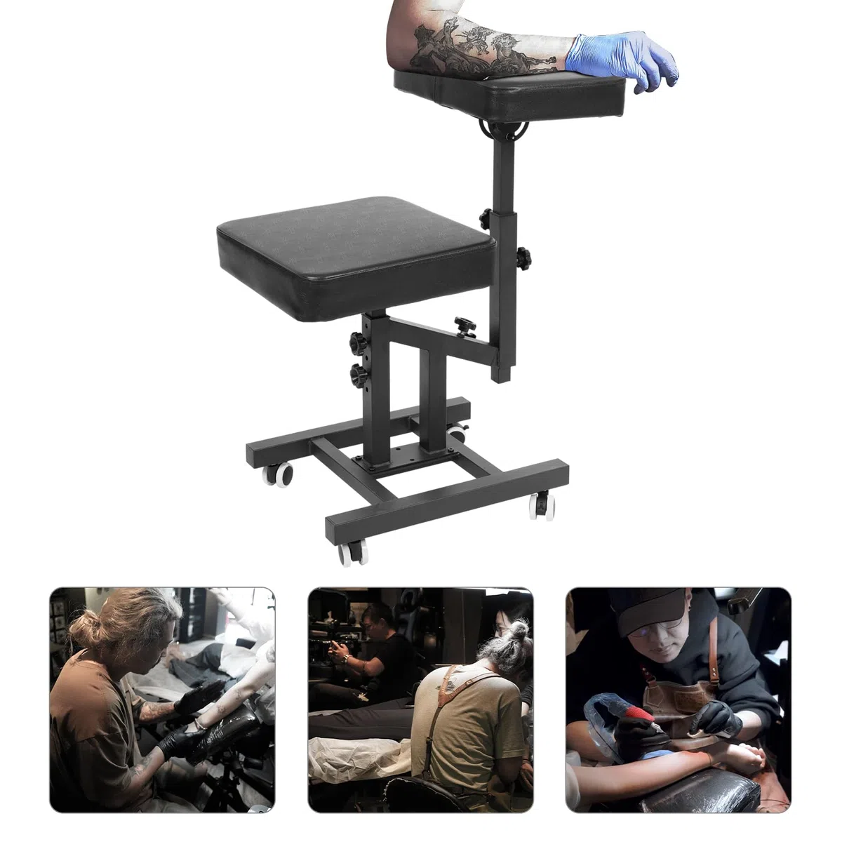 Tattoo Armlehne, Multifunktionaler Rollhocker: Arbeitshocker und Angle höhenverstellbar, mit Rollen, ideal für Tattoo- und Friseursalons (mit Rollen, Schwarz)