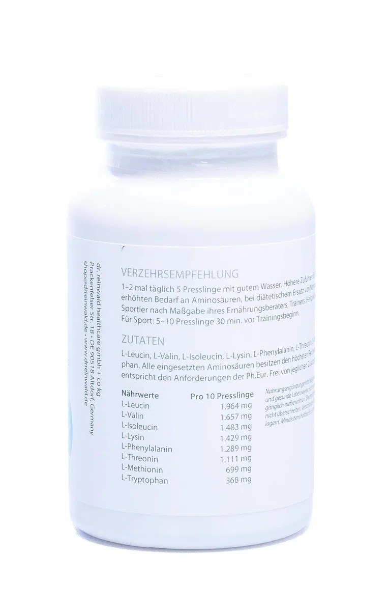 dr.reinwald MyAMINO – 8 essentielle Aminosäuren als Grundbaustein des Eiweiß-Stoffwechsels – Mit dem höchsten Proteinnährwert weltweit – 100% pflanzlich – 120 Presslinge