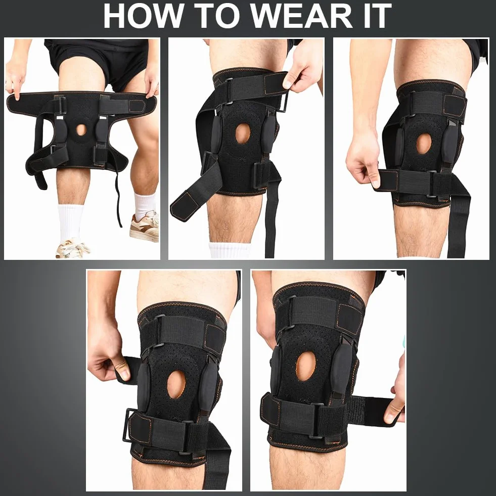 AOOWU Kniestütze, Athletics Kniebandage für Männer Frauen, Verstellbarer Kompressionsbandage mit Stahlplattenhalterung & Patella Gel Pads für Meniskusriss, Arthritis, ACL,Gelenkschmerzen, Laufen,Sport