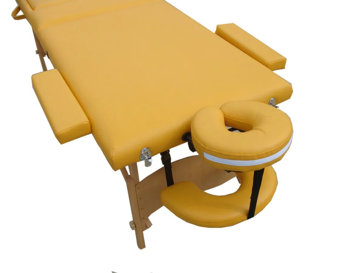 Mucola Massageliege 3 Zonen Massagetisch Holz| klappbar und höhenverstellbar | Portable Massagebank inkl. Zubehör Kopfstütze, Armlehnen und Tragetasche - Gelb