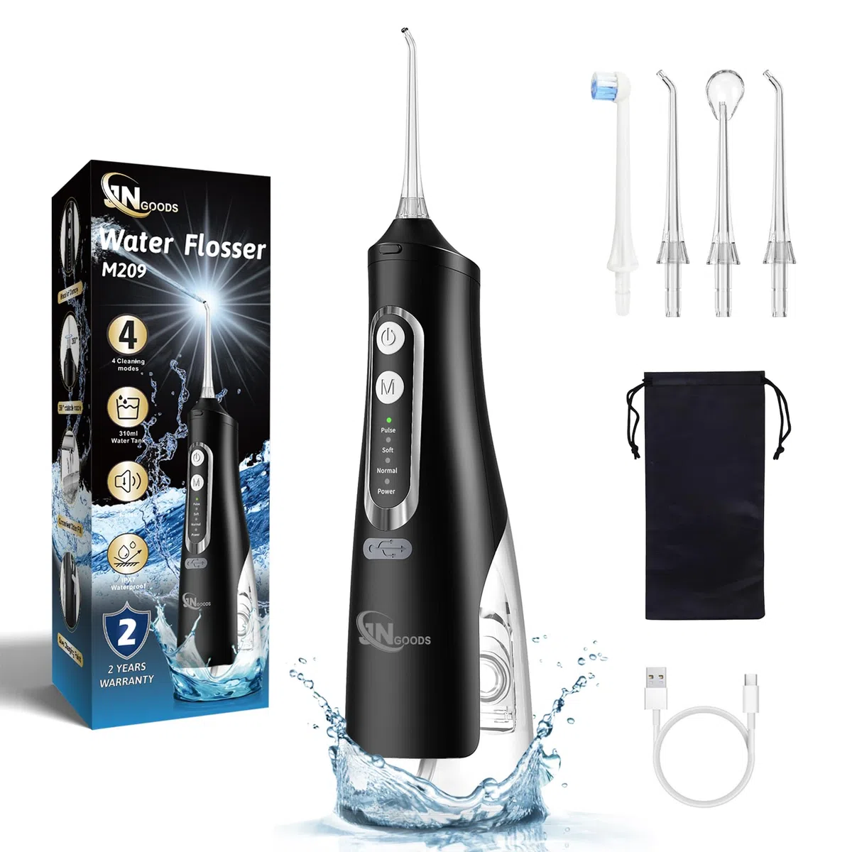 JNGOODS Kabellose Munddusche, 310 ml, wiederaufladbar, Wasserflosser für Zähne, IPX7, wasserdicht, 4 Modi, tragbare Bewässerung mit 4 Strahlspitzen, für Reisen und Zuhause, Schwarz