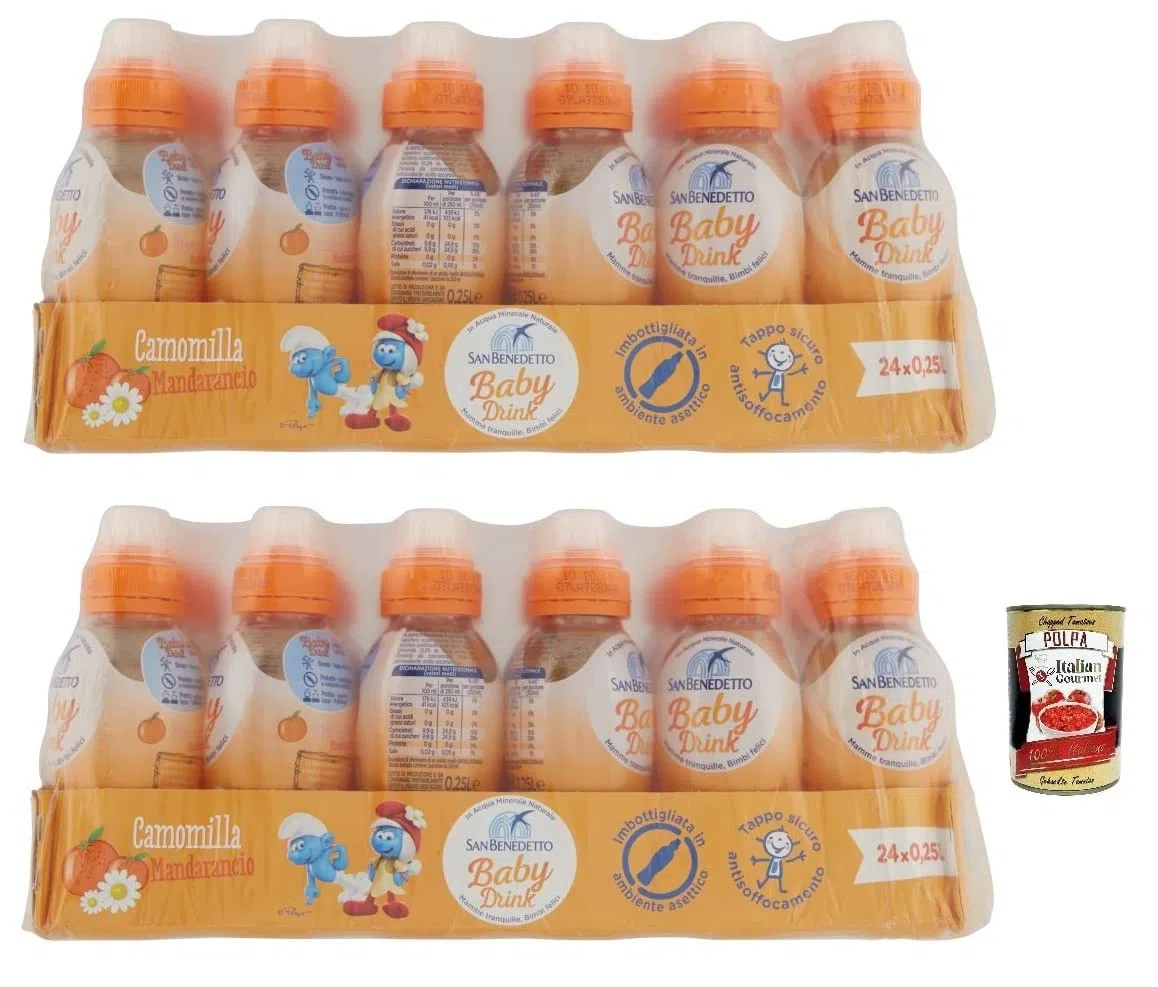 48x San Benedetto Baby Camomilla Mandarancio,Kamille mit Mandarine Geschmack,Kohlensäurefreies Getränk in Natürlichem Mineralwasser Pull-Push, 25cl + Italian Gourmet Polpa di Pomodoro 400g Dose