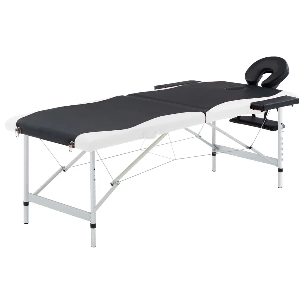 Klappbare Massageliege mit 2 Zonen Aluminiumgestell Schwarz Weiß höhenverstellbar, tragbar, leicht, für Praxis Studio Spa Wellness Physiotherapie Tattooliege Kosmetikliege