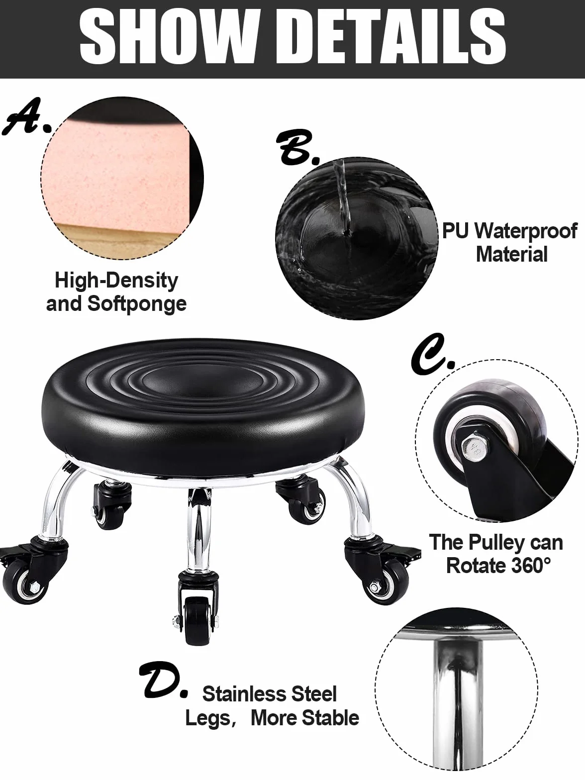 Kalolary Verstellbarer Rollhocker mit Rundem Sitz robuster Metallsockel Leder Kleiner Niedriger Hocker auf Rädern für Salon, Massage, Friseur, Spa, Tattoo-Therapie (ohne Rückenlehne, Schwarz)