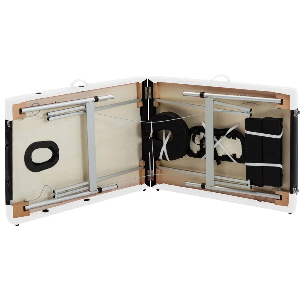 Klappbare Massageliege mit 2 Zonen Aluminiumgestell Schwarz Weiß höhenverstellbar, tragbar, leicht, für Praxis Studio Spa Wellness Physiotherapie Tattooliege Kosmetikliege