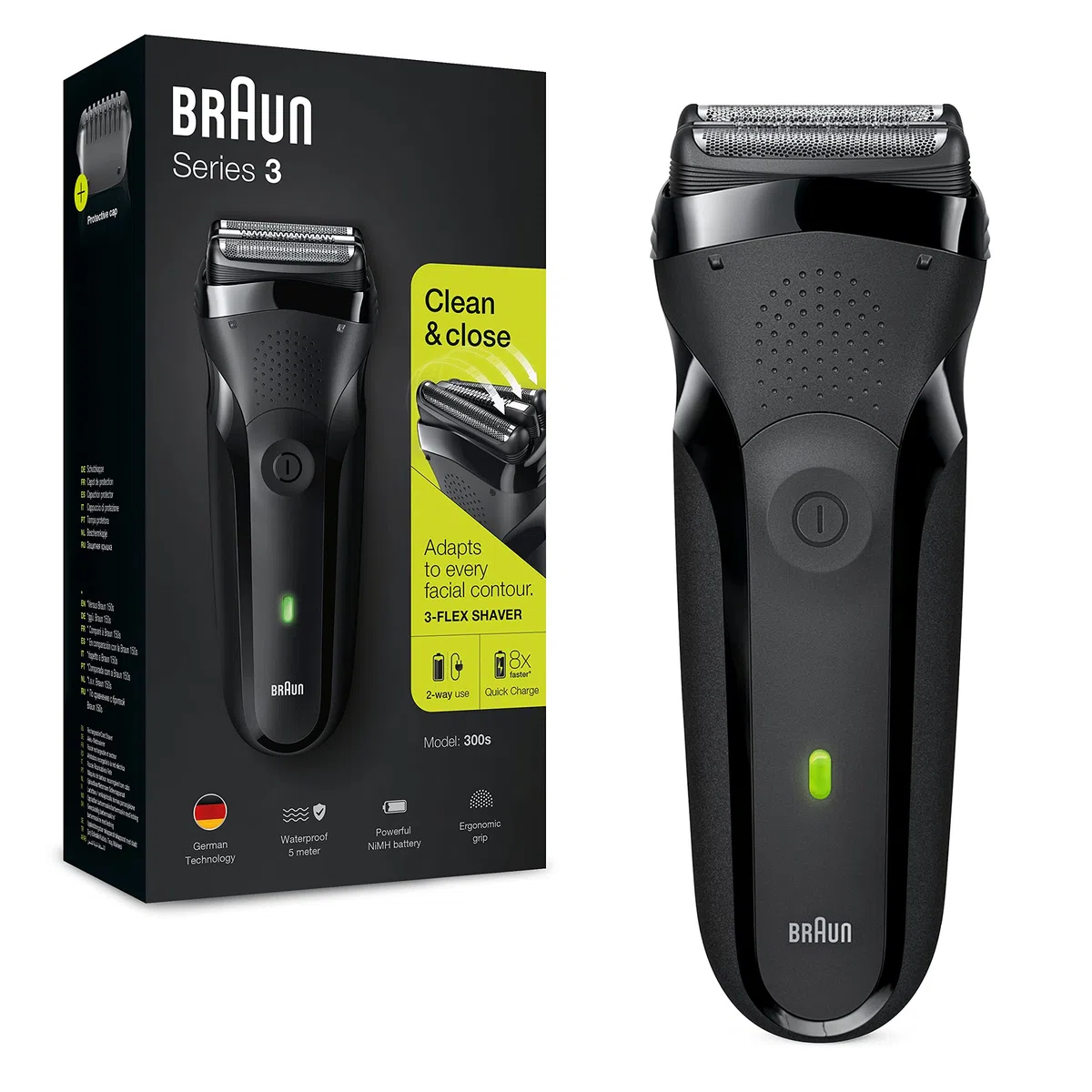 Braun Series 3 Elektrorasierer Herren, Rasierapparat mit 3 Flexiblen Klingen, Kabelloser Elektrischer Rasierer mit 30 Minuten Akkulaufzeit, Abwaschbar – 300s, Schwarz