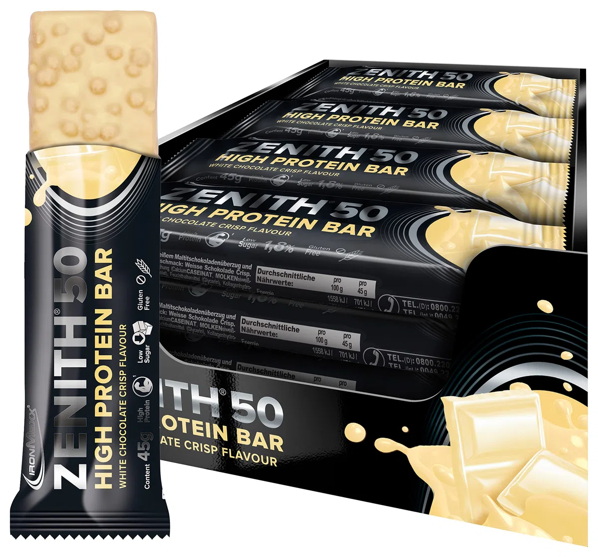 IronMaxx Zenith 50 High Protein Bar - White Chocolate Crisp - 16x45g | Eiweißriegel mit 50% Protein | Low Sugar Snack mit cremiger Umhüllung | High Proteinriegel für Muskelaufbau, Diät & Fitness